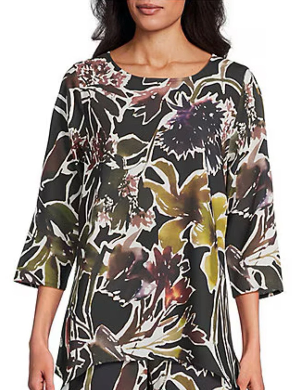 CAROLINE ROSE Floral Print Black Blouse with Multicolor Blooms . Size M